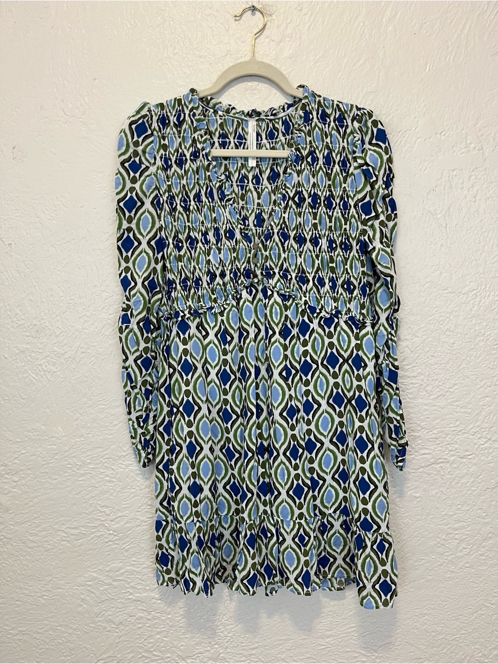 Anthropologie Dress Long Sleeve Ruffle Blue Green Smocked Large L - Picture 5 of 10